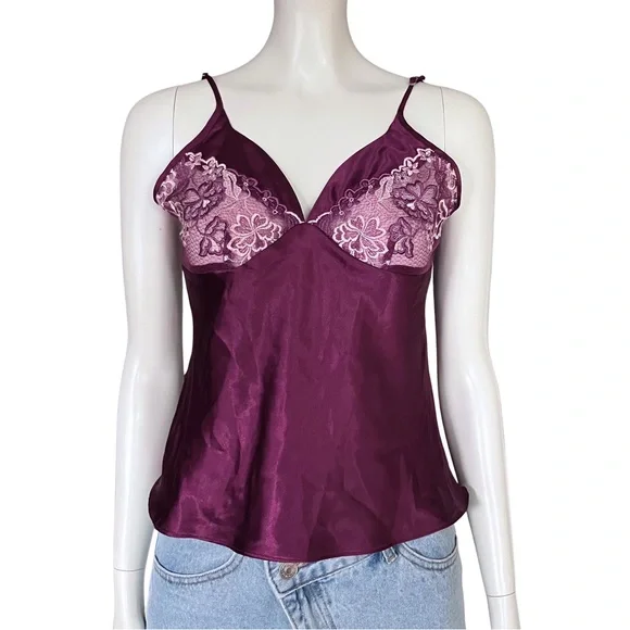 Vintage Y2K Maroon Purple Satin Cami Going Out Top Lace Small Fairycore Lingerie - Picture 1 of 9